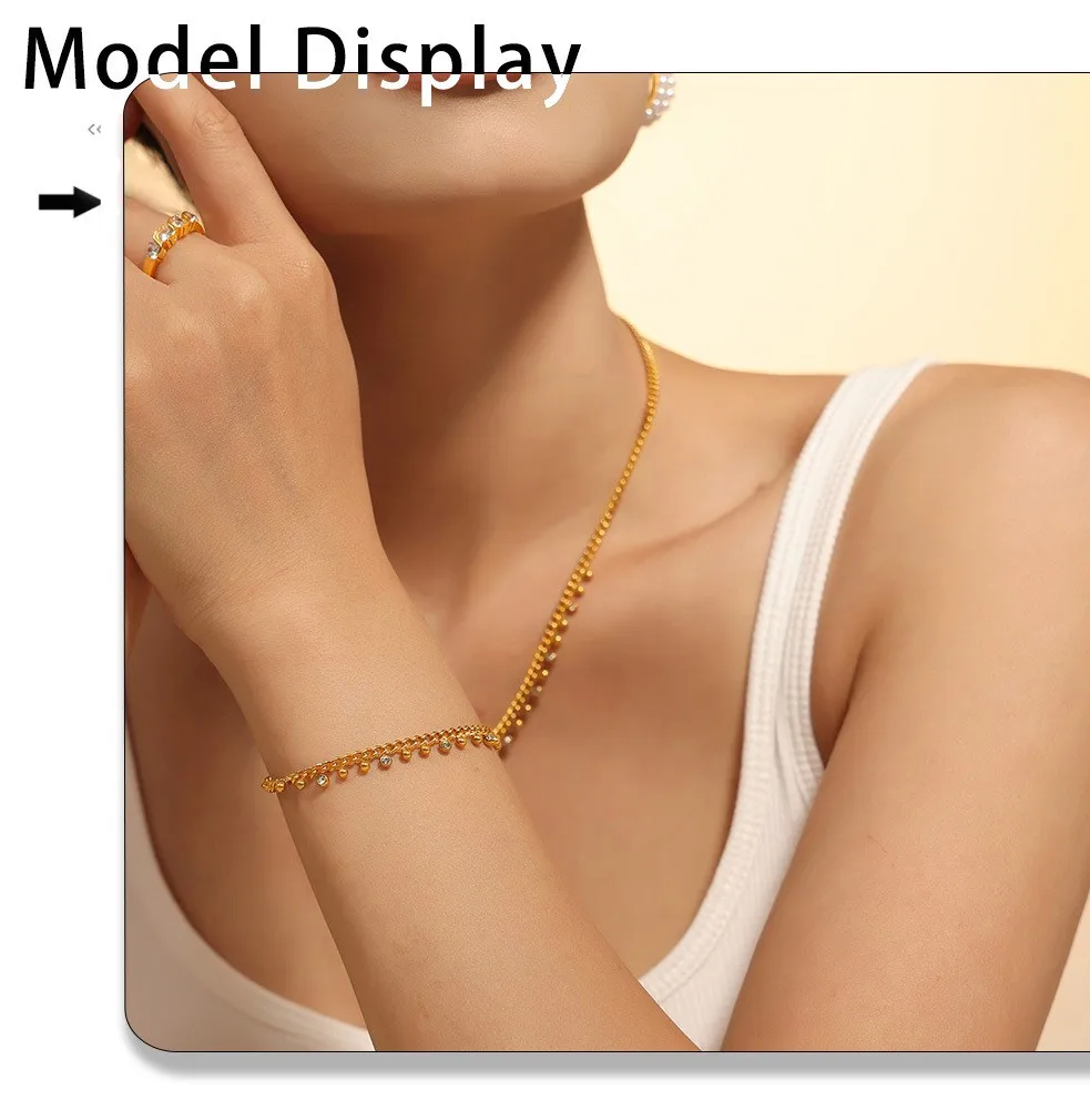 Luxus Strass Perlen Anhänger Halskette Armband Set Damen Edelstahl vergoldete Kette einfache Schmuck Zubehör – Detail 3