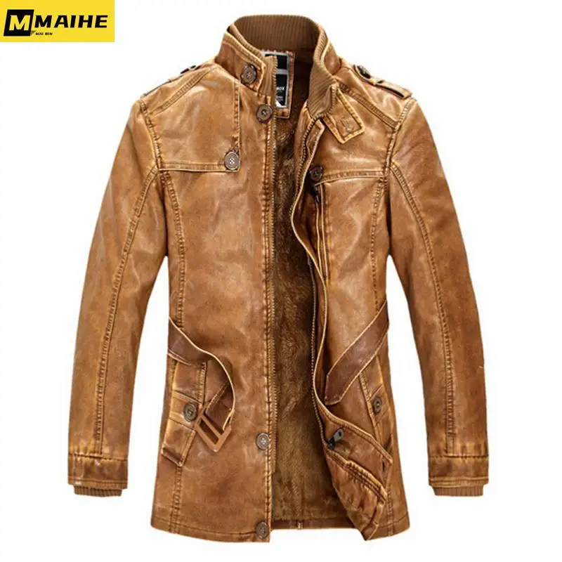 

High Quality Leather Jacket Men Slim Warm Washed Leather Motorcycle Biker Jackets Standing Collar Coat Plus size 4XL Long Parkas
