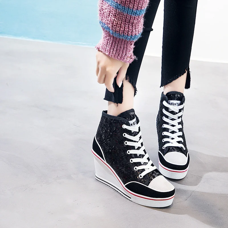 8cm High Heel Canvas Shoes Women Slope Heel Wedge Shoes Sequin Lace Up Muffin Bottom Leisure Thick Soled High Top Shoes