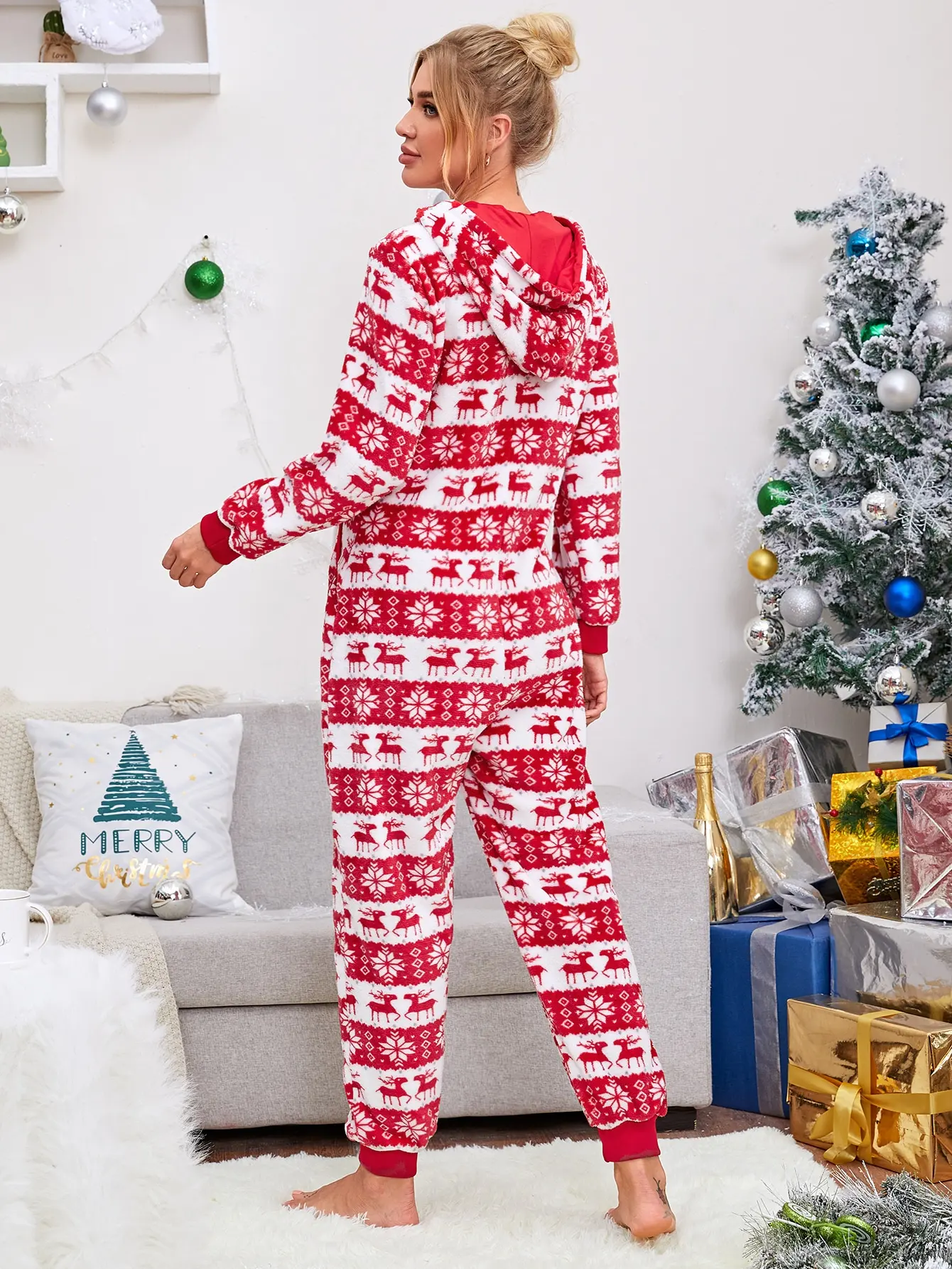 Women Bodysuit Sleep Wear Set Christmas Hooded Jumpsuit Long Sleeve Zip Up V Neck Cartoon Print Pajamas Winter Warm