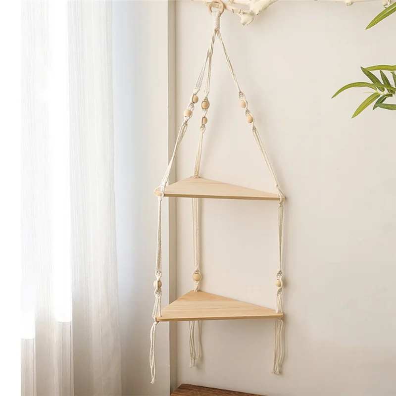 1 Piece Shelves With Wood Shelf Beige Handmade Shelf For Hanging Plant And Decor