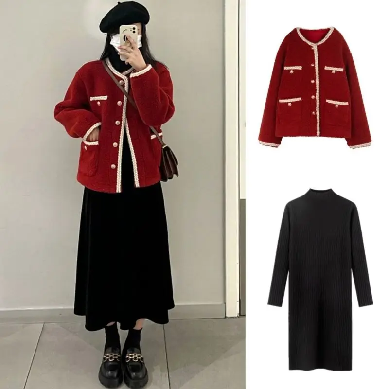 Women's Clothing Autumn Winter Small Fragrance Style Imitation Lamb Plush Long Sleeved Jacket+knitted Dress Two-piece Set