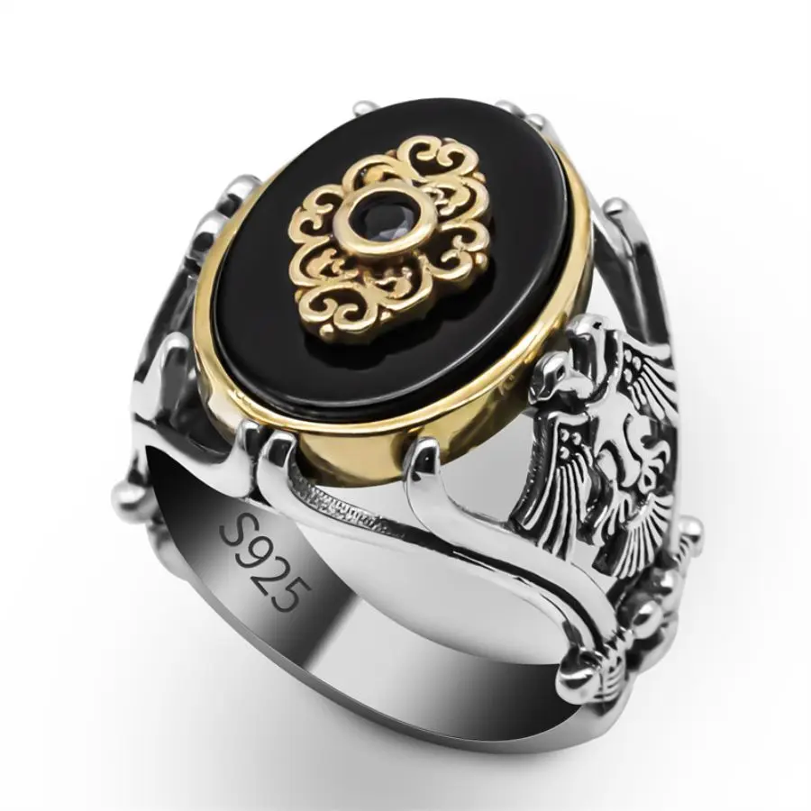 

Wholesales Original Real 925 Sterling Silver Ring Vintage Finger Natural Black Stone Sterling Silver Men Ring Stone
