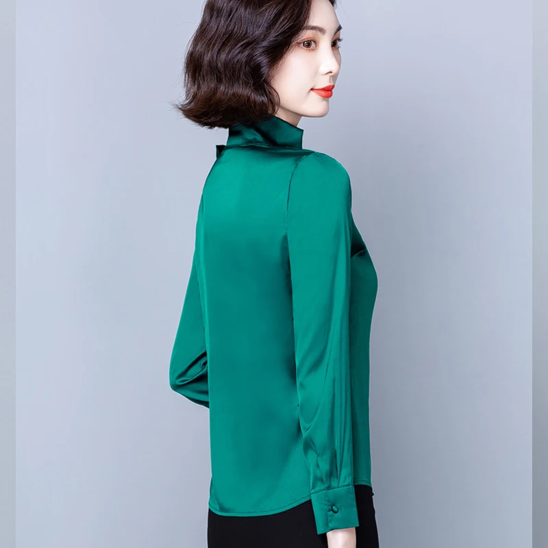 2023 Fashion Office Lady Elegant Youth Blouse for Women Satin Shirts Solid Long Sleeve Bow Stand Collar Stylish Silk Top 10461