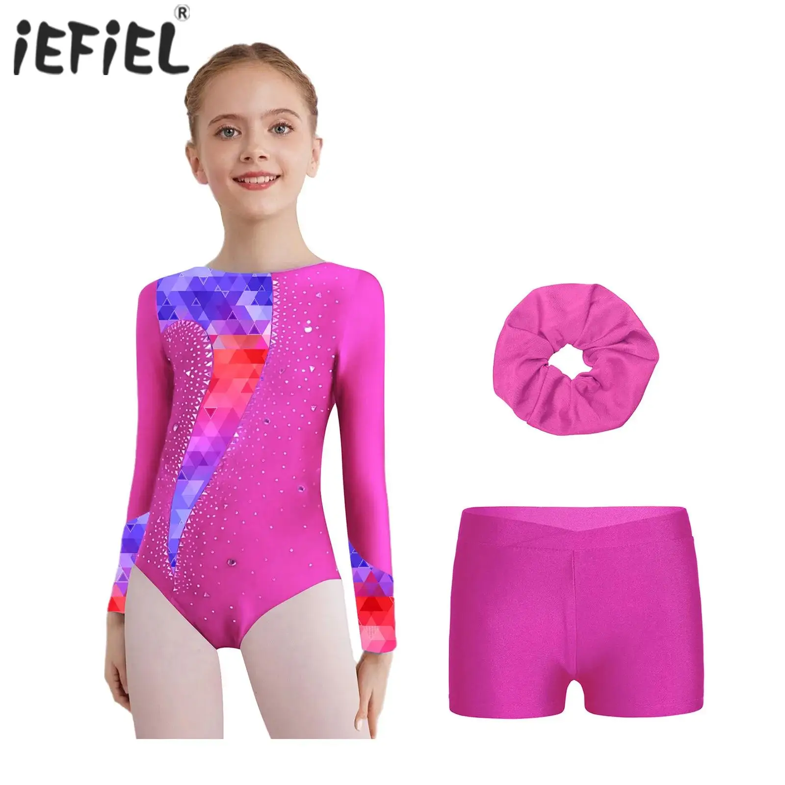 أطفال بنات الباليه الجمباز مجموعات ملابس الرقص الرياضية طويلة الأكمام المطبوعة الراين يوتار مع السراويل وبدلة عقال