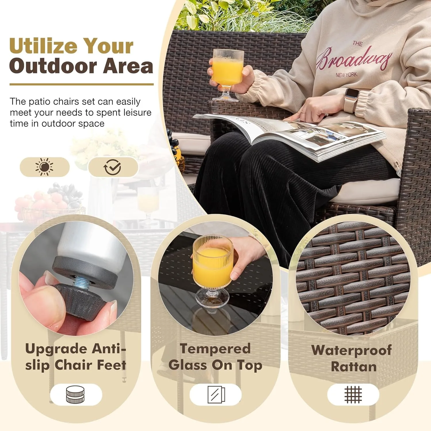 4-piece set of outdoor terrace furniture, rattan chairs, wicker covers, outdoor indoor use, backyard porch (brown and beige) - Image 3