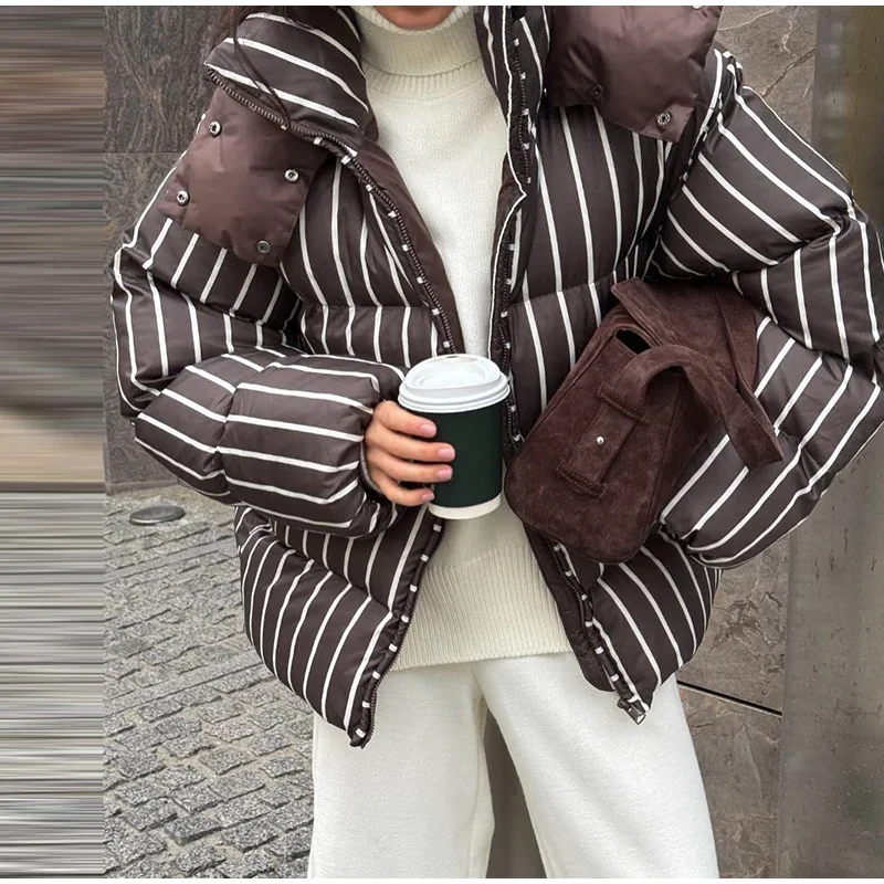 Mit kapuze baumwolle Jacken Frauen Winter Verdickte Streifen Parkas Mode Design Brot Jacke Beiläufige Lose Mit Kapuze Zip Up Mäntel Y2k – Detail 15
