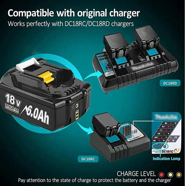 Batterie Makita BL1860B 18V 6Ah Li-ion - Avec Indicateur De Charge, Pour Outils Sans Fil
