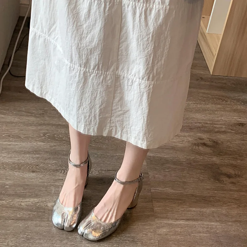 Brand Designer Tabi ninja high heels shoes woman ankle strap silver crack leather pumps split toe D'orsay mary janes shoes woman 3