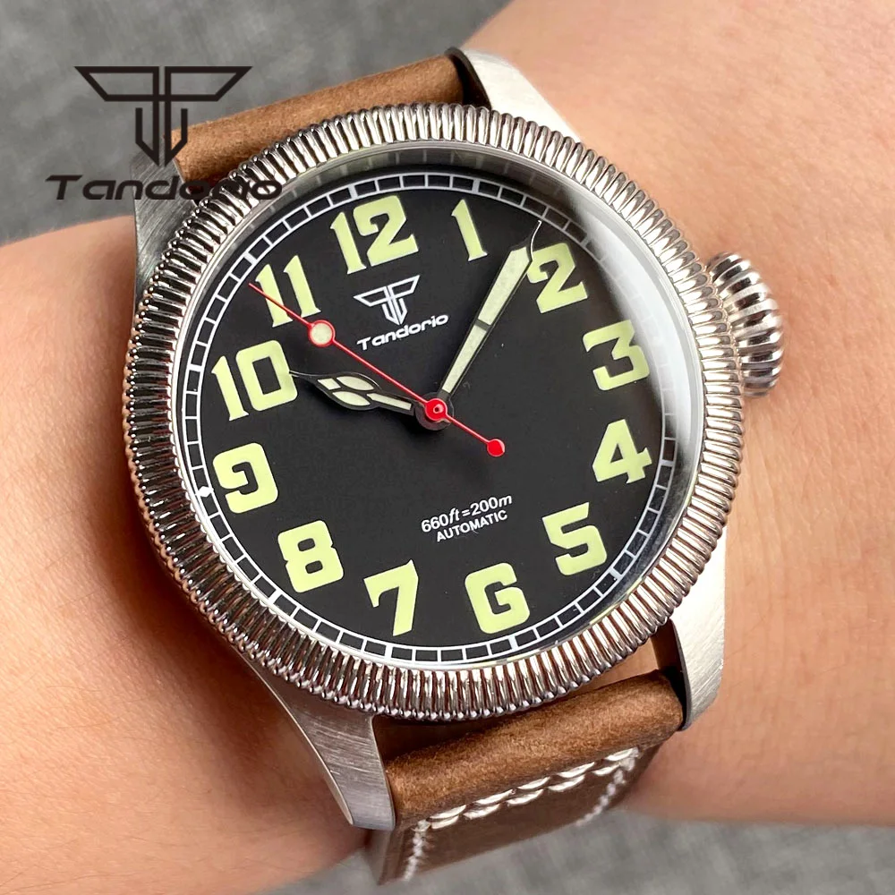 

Tandorio 39mm Vintage 20Bar Pilot Dive Men's Automatic Watch Fluted Bezel Big Screw Crown Sapphire NH35A PT5000 Luminous Leather