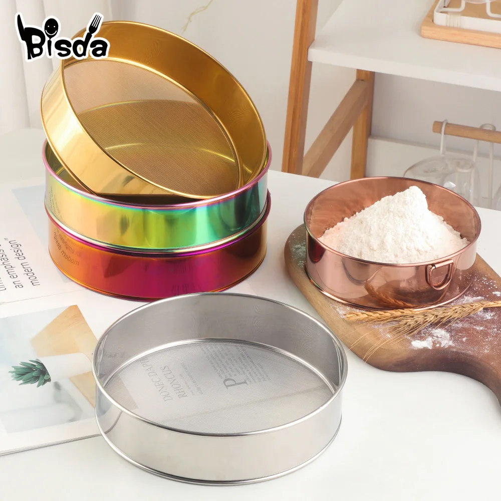 1/2 Kitchen Fine Mesh Flour Sifter Stainless Steel Round Flour Sieve Food Oil Bean Powder Filter Screen Sifter Baking Filtration