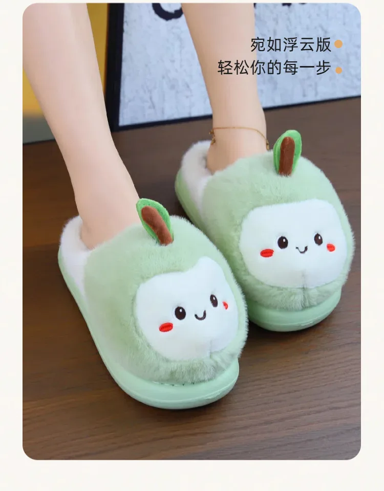 Entzückende Apfel-Plüsch-Hausschuhe für Damen, rote Schuhe in Fruchtform, Plattform, Eva-Fell, Slides für Damen, klobige Indoor-Schuhe – Detail 7