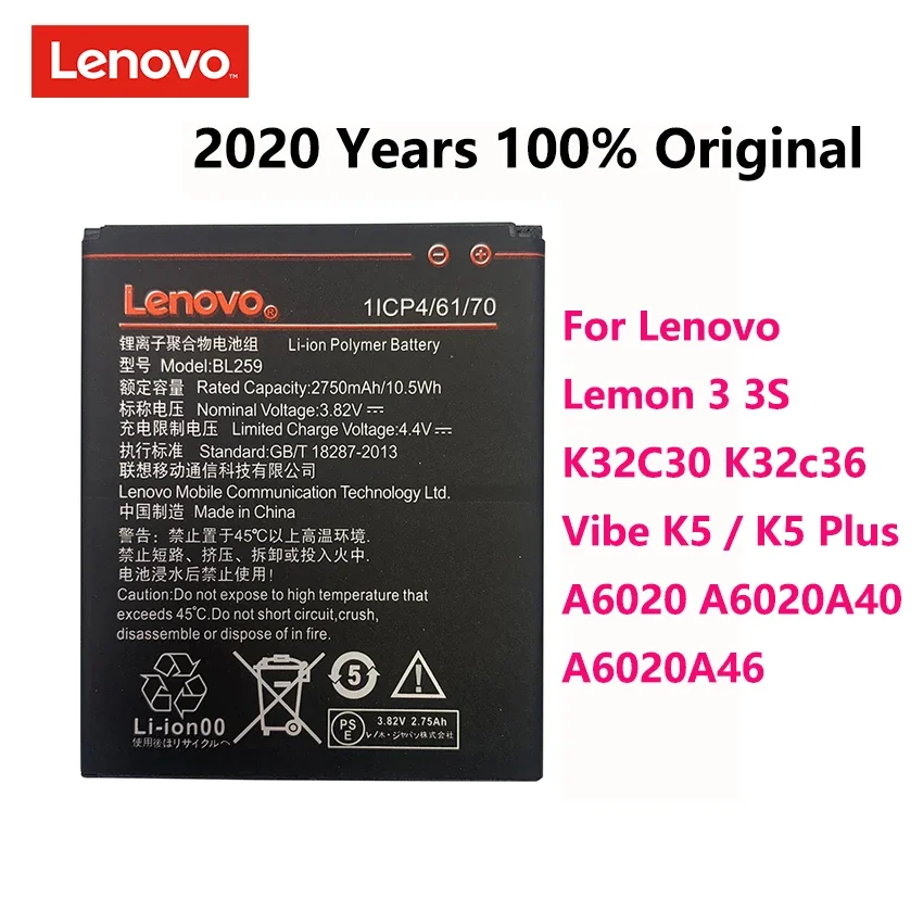 

100% Original BL259 BL-259 2750mAh Phone Battery For Lenovo Lemon 3 3S Vibe K5 / Plus A6020a40 A6020 a40 A6020a46 Bateria