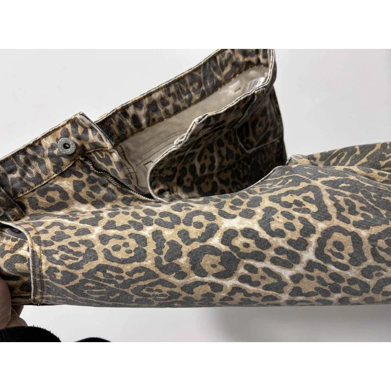 American Retro Leopard High Waist Baggy Jeans Women's Casual Pockets Hip-hop Pants 2024 Spring Y2K Oversiz Panther Denim Trouser