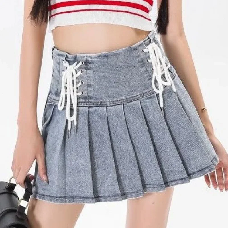 Minivestido de mezclilla antiexposición, falda en forma de A, verano 2024, falda plisada versátil para estudiantes, adelgazante e inspiradora