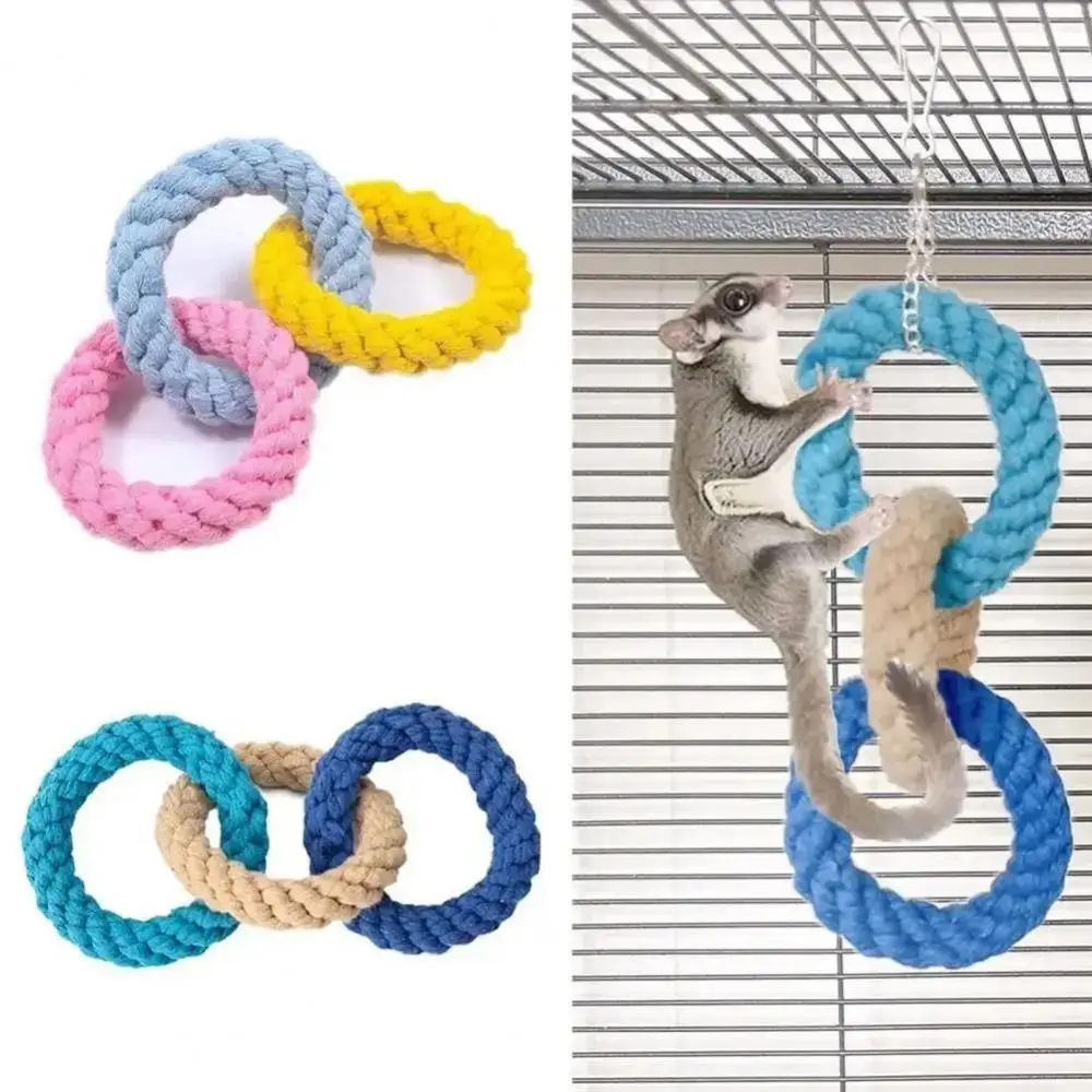 DIY Hamster Climbing Rope Toys Handcrafted Colorful Bird Rope Swing Triple Ring Cotton Rope Hanging Swing Cage Teething