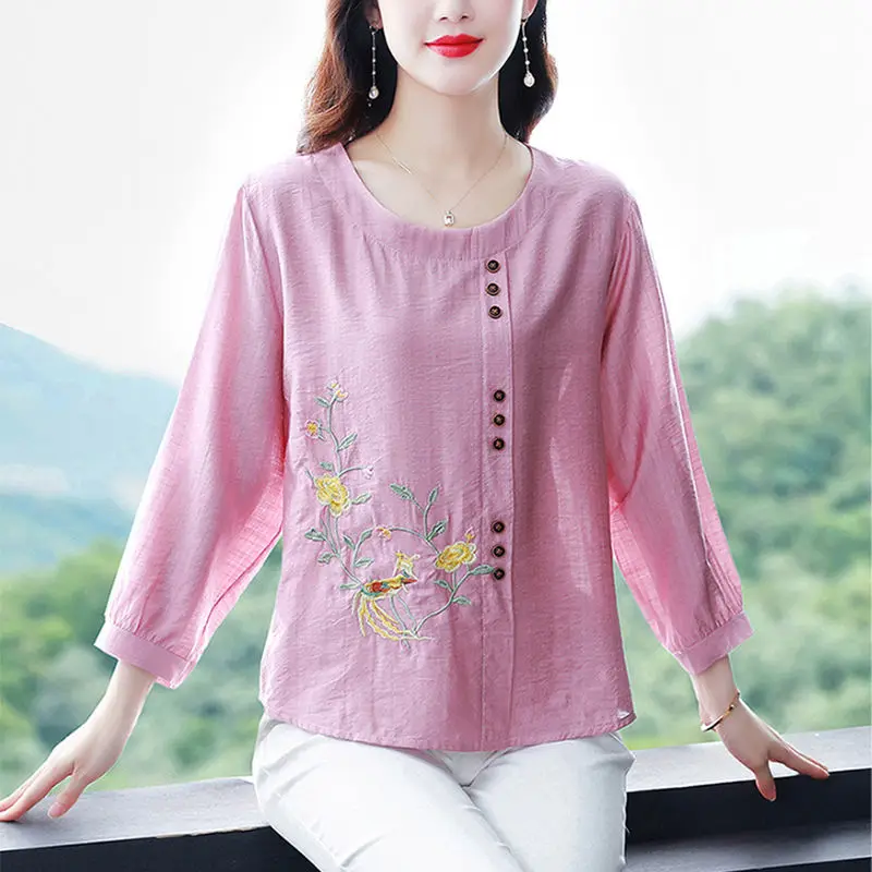 여성용 빈티지 자수 블라우스, 우아한 패션, 3/4 소매, 루즈 셔츠, O넥 단색 코튼 린넨 탑, 중국 스타일, 신상