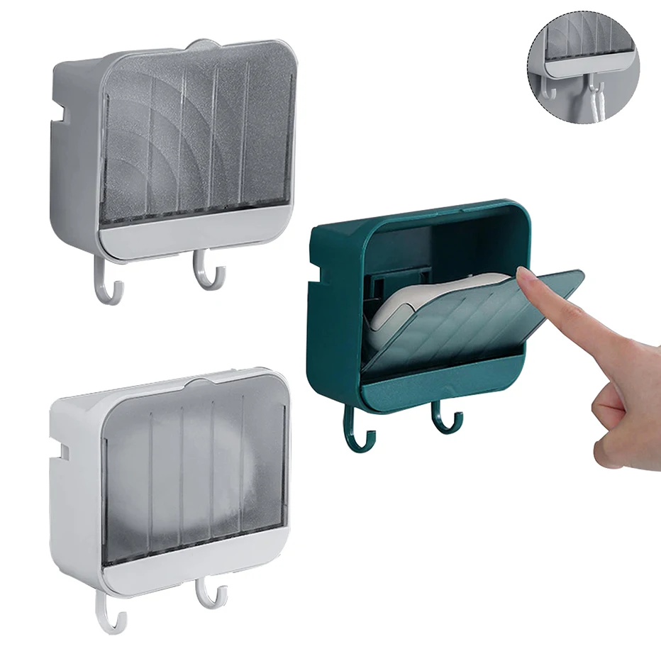 Shower Wall Soap Holder with 2 Hooks Waterproof Soap Dish with Lid