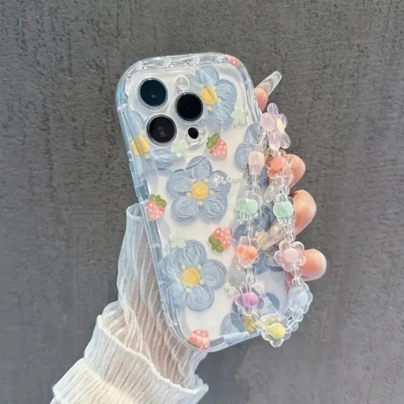 Strawberry Flower Clear Phone Case with Lanyard Cover
