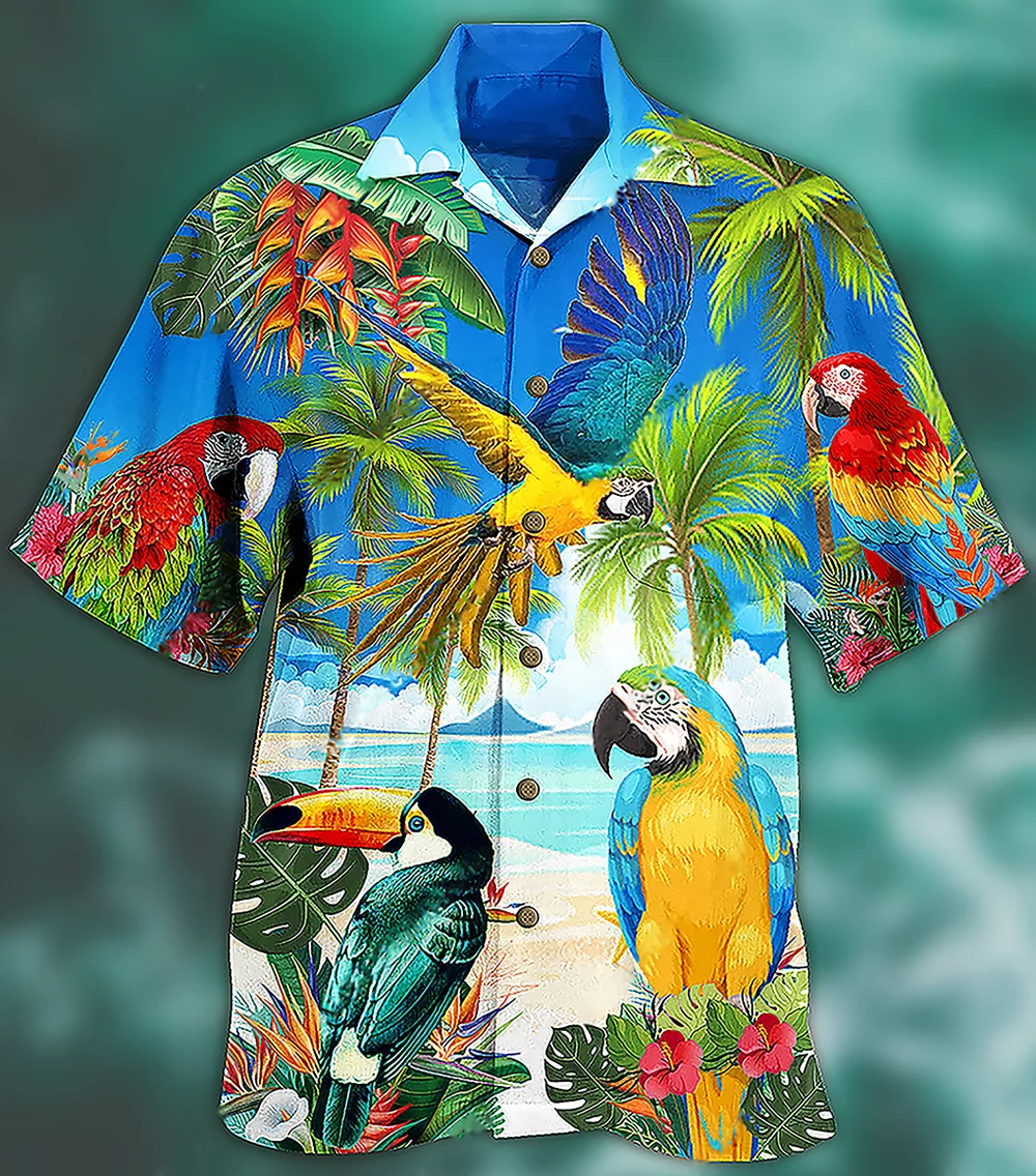 

New Men's Shirt Kawaii Parrot Tops Short-sleeved Button Cuban Shirts Oversized Hawaiian 3d Summer Street Style