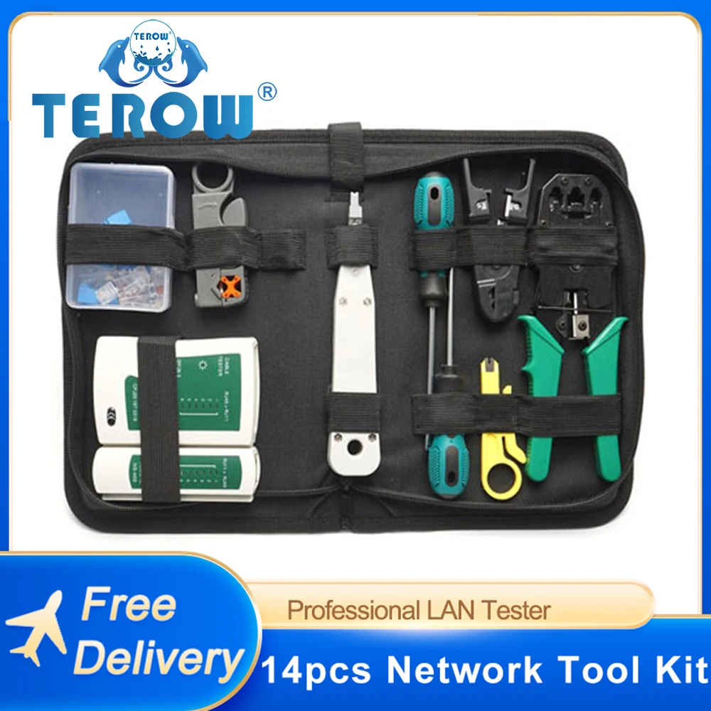 TEROW 14Pcs/Set Network Repair Tool LAN RJ45 Tester Crimping Pliers