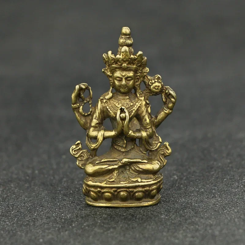 

Antique Brass Buddha Statue Crafts Office Desk Decoration Four-arm Guanyin Buddhism Figurines Home Decor Miniatures Ornaments