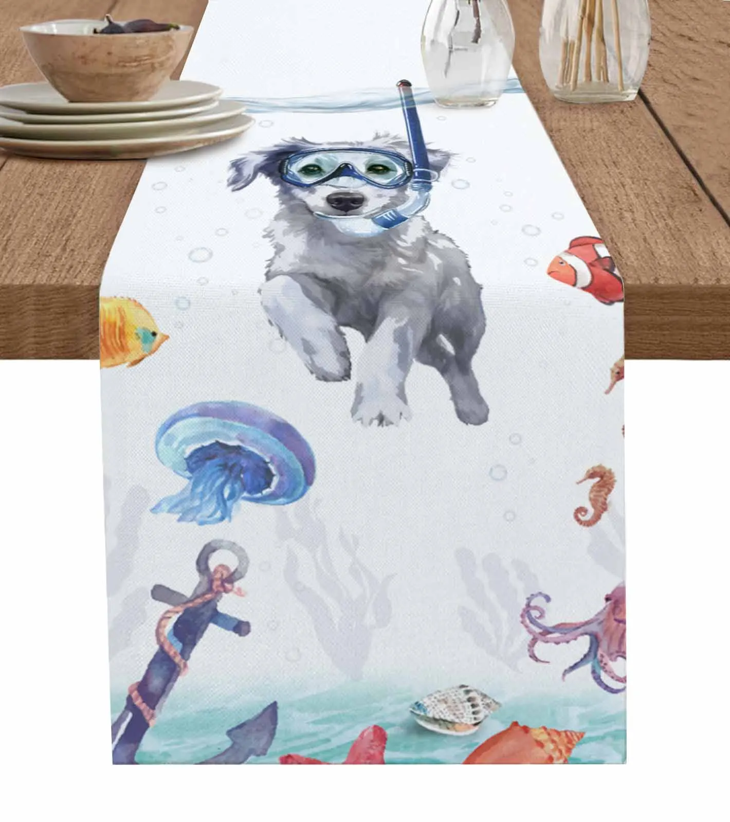 

Ocean Dog Diving Coral Jellyfish Table Runner Party Dining Table Cover Cloth Placemat Napkin Home Kitchen Decor