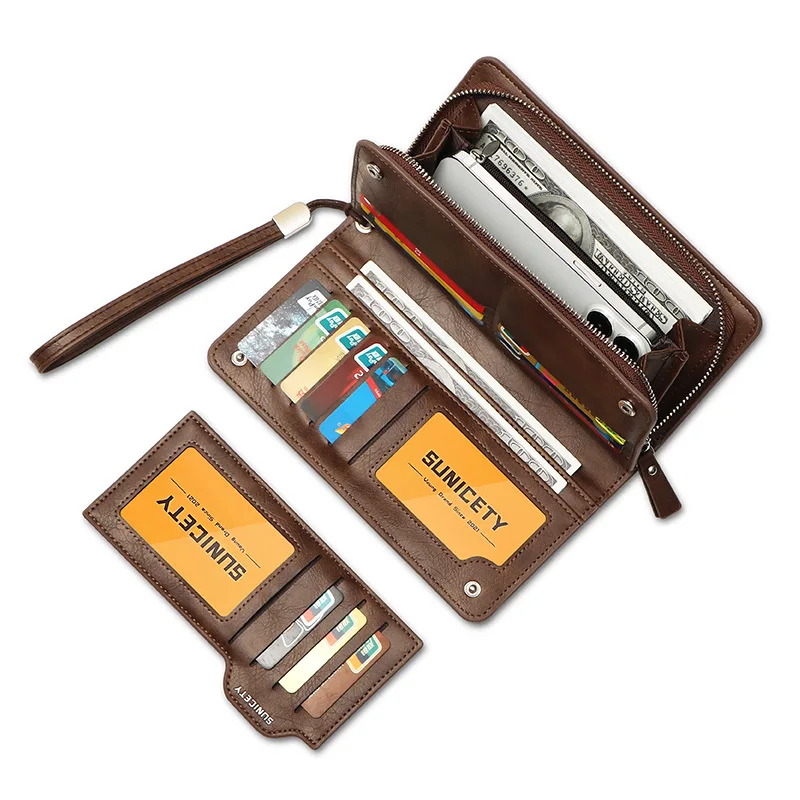 Anti theft brush, multi card slot, large capacity, long men's business wallet, zipper, multi-function mobile phone bag