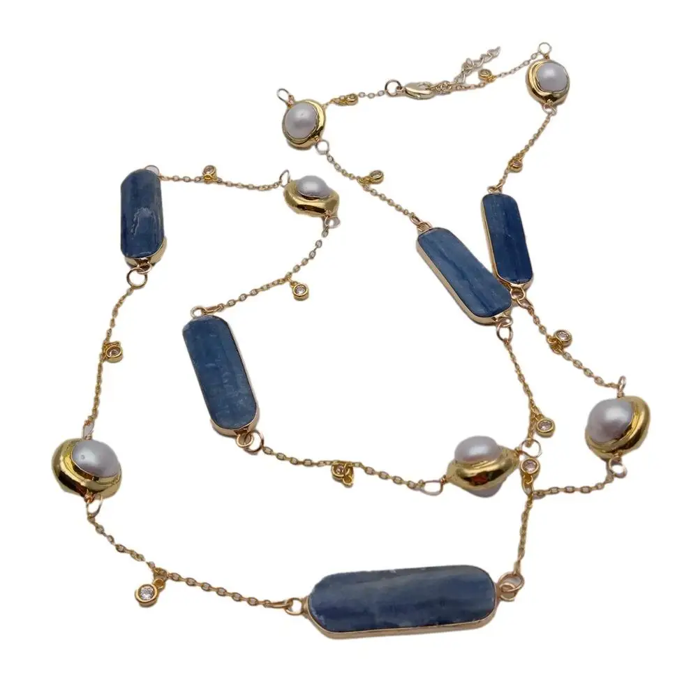 

Y.YING Freshwater Cultured White Pearl Natural Blue Kyanite Connector Chain Long Necklace 18"
