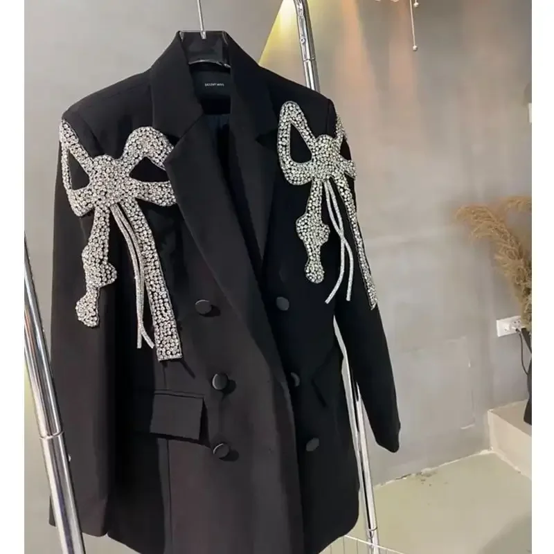 SuperAen Loose Bow Design Casual Suit Black Blazer Women\'s Spring Autumn High Street Black Blazer for Women