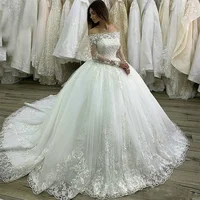 Deluxe Elegant Princess Prom Dresses White Wedding Gowns Long Sleeve Lace Applique Sexy Off Shoulder Boat Neck Bridal Dress Plus 1