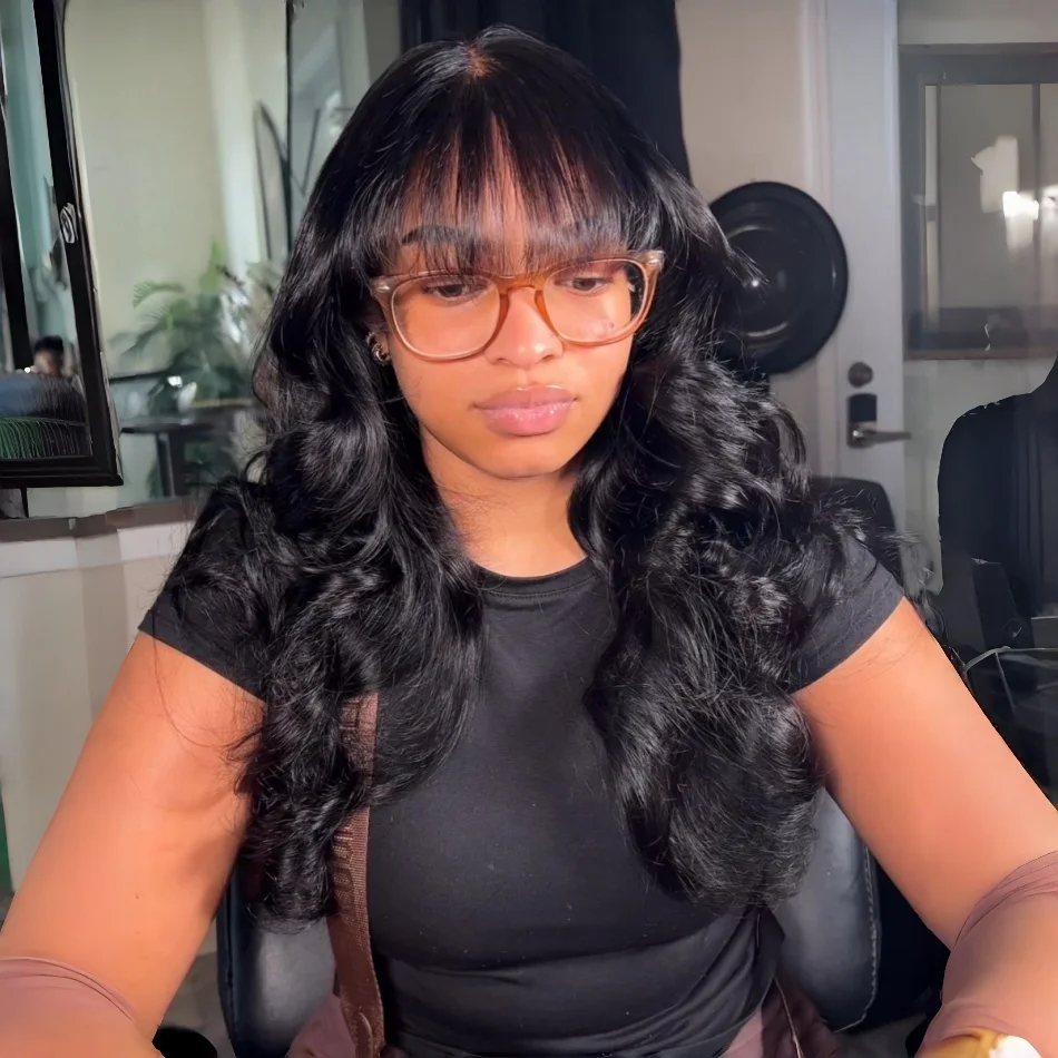 Middle Part Body Wave Human Hair Wig With Bangs For Black Women 3X1 Lace Wigs Brazilian 30 34 Inch Wigs For Black Women