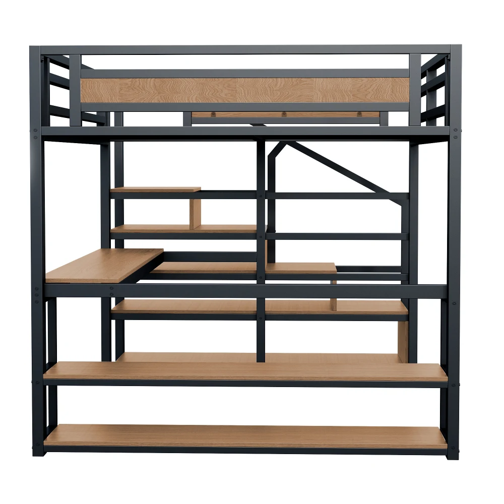 140x200 Metall-Hochbett mit Stauraum, Leiter, Regalen und Tisch, Sicherheitsgeländer-Design mit Geteilten Metallregalen, Eisenrahmen-Bett – Detail 12