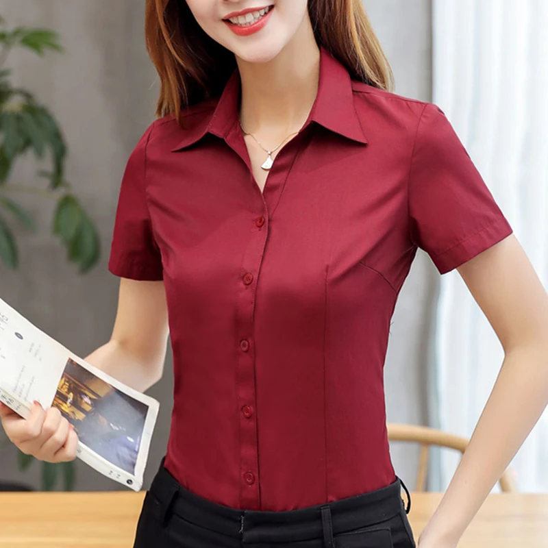 Camisas de algodón para mujer, Blusas oficina de manga corta con botones, Blusas femeninas elegantes|Camisa|