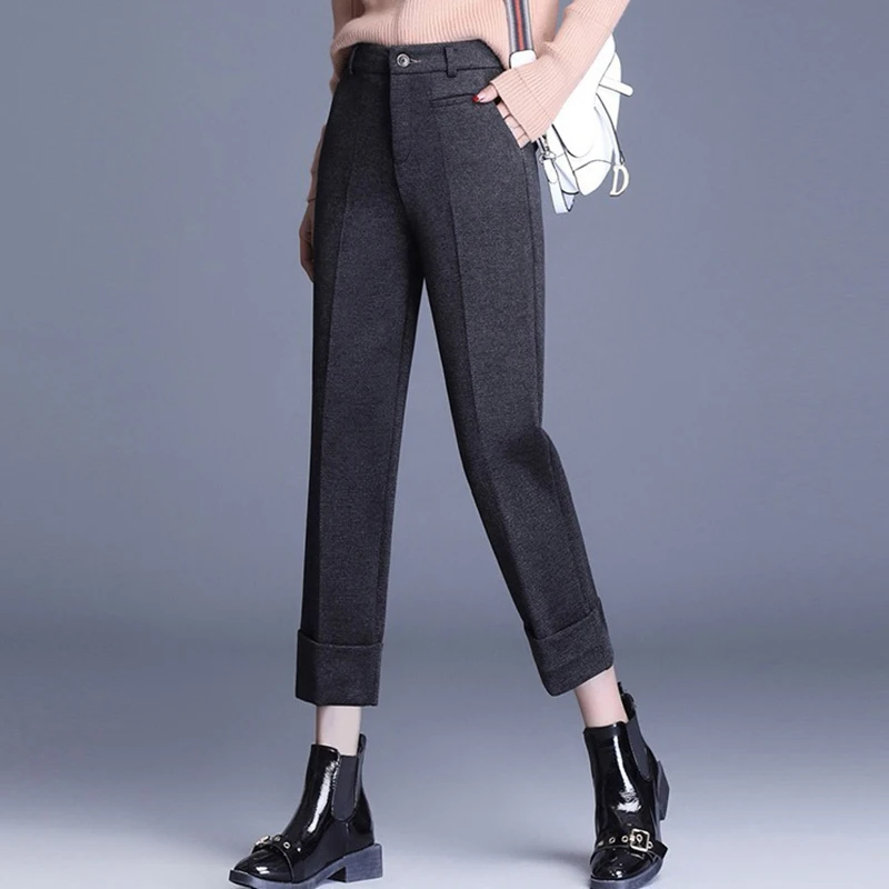 Autumn Winter Woolden Blend Harem Pants Women Solid Colors High Waist Ankle-Length Pants Lady Office Thick Loose Suit Pantalones