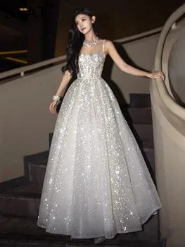 DEAT Fashion Silver Sequined Strapless Dress Women's Slach Neck Slim Fit High Big Swing Ankle-length Dresses New 7A438 1