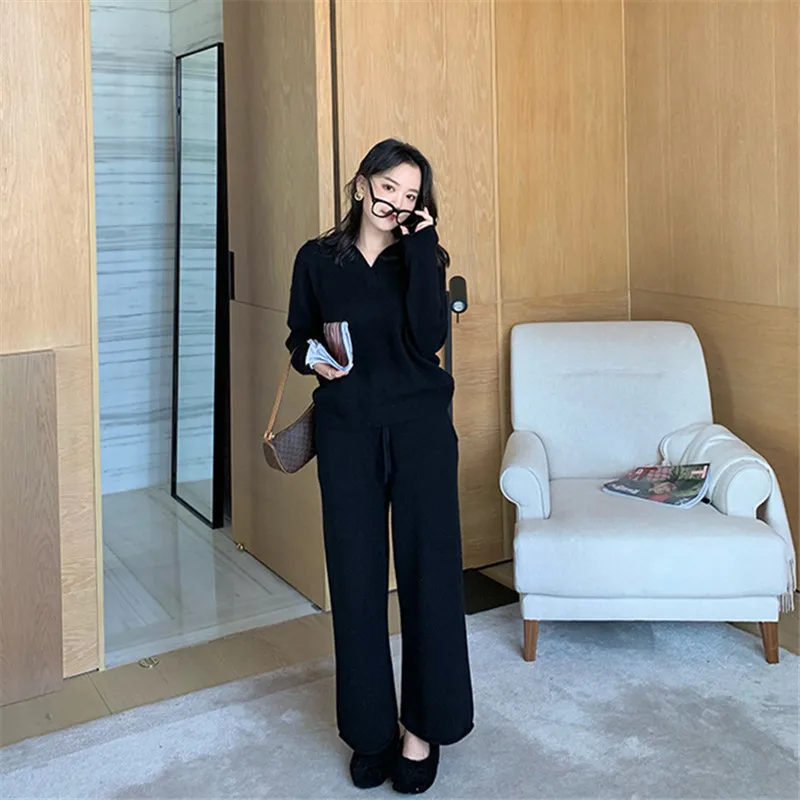 2 Pieces Set Women Oversize Tracksuit Polo Collar Sweater Pullover Straight Pants Sweater Set Knitted Outwear Sweater Suit