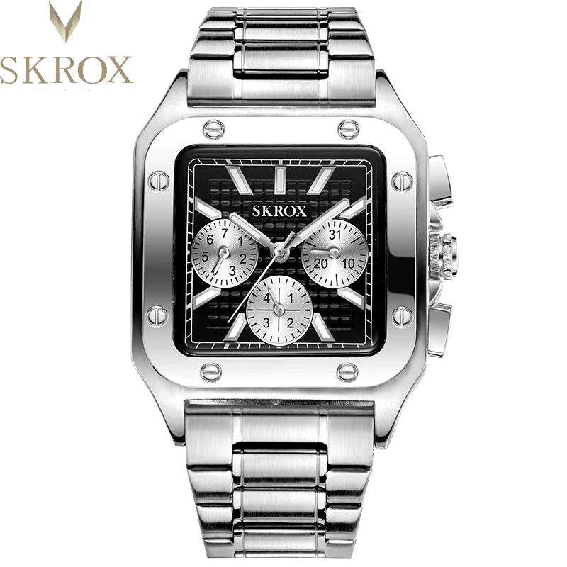 

2024 NEW SKROX Famous brand Luminous Dial Square Six Hands Waterproof Stainless steel band Automatic mechanical Men's Watch