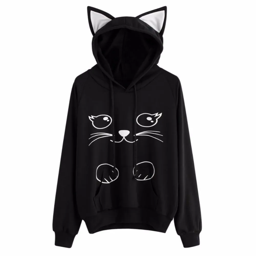 Women Cat Ear Loose Long Sleeve Hooded Pullover Sweatshirt Coat Print Cat Cartoon Winter Take Inside Sweatshirts