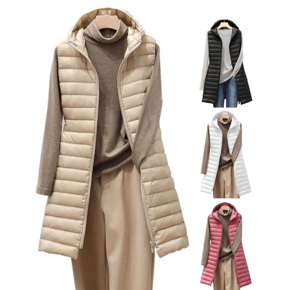

New Female Autumn Winter Medium Long Hooded Light Down Padded Jacket Waistcoat Cotton Vest Sleeveless Parkas Vest Coats Overcoat