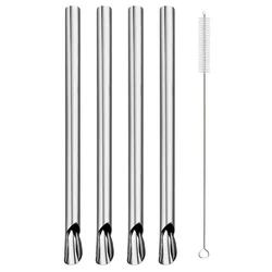 Stainless Steel Reusable Straw & Spoon Set - Eco - Friendly Metal Drinking Straws with Cleaning Brush for Smoothies and Bubble Tea (5 - Piece) (Silver)