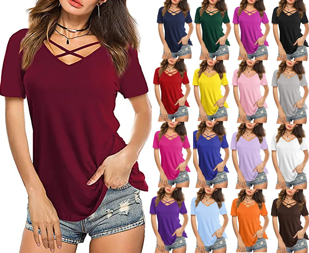 

2023 European and American Fashion New Women's Dress Cross Sexy Strap V-Neck Short Sleeve Loose T-shirt Women