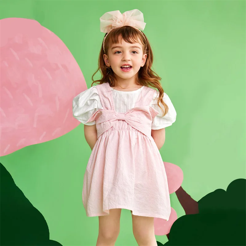 

Baby Girls Party Dresses 100% Cotton 2022 Summer Thin Pink Bowknot Cute Fashion Kids Clothing 18M 5Y Children Wear 90cm 130cm