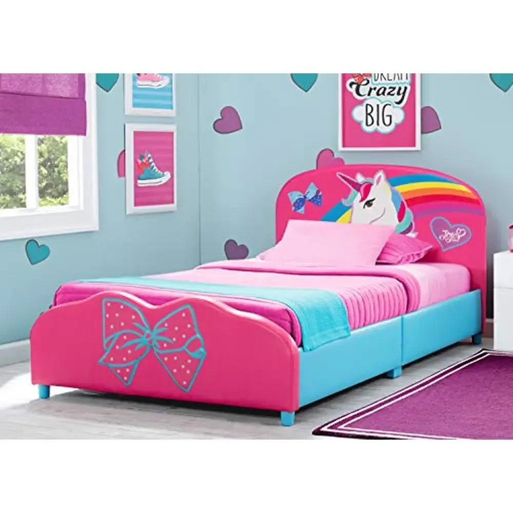 Upholstered Twin Bed JoJo Siwa 350lb Capacity Wood Frame Easy Assembly 3D Applique Detailing Twin Size Without Box Spring Needed 2