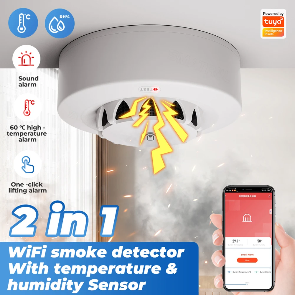 

WiFi Smoke Alarm Smart Linkage 2.4GHz Voice Control Ceiling Mount with Temperature And Humidity Sensor for Home Kitchen Security