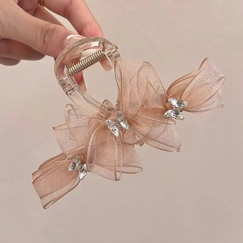1 Stück superfee koreanische Schleife Haarklammer, exquisiter Strass-Schmetterlings-Griffclip, Temperament-Spulen-Haarhai-Clip – Detail 7
