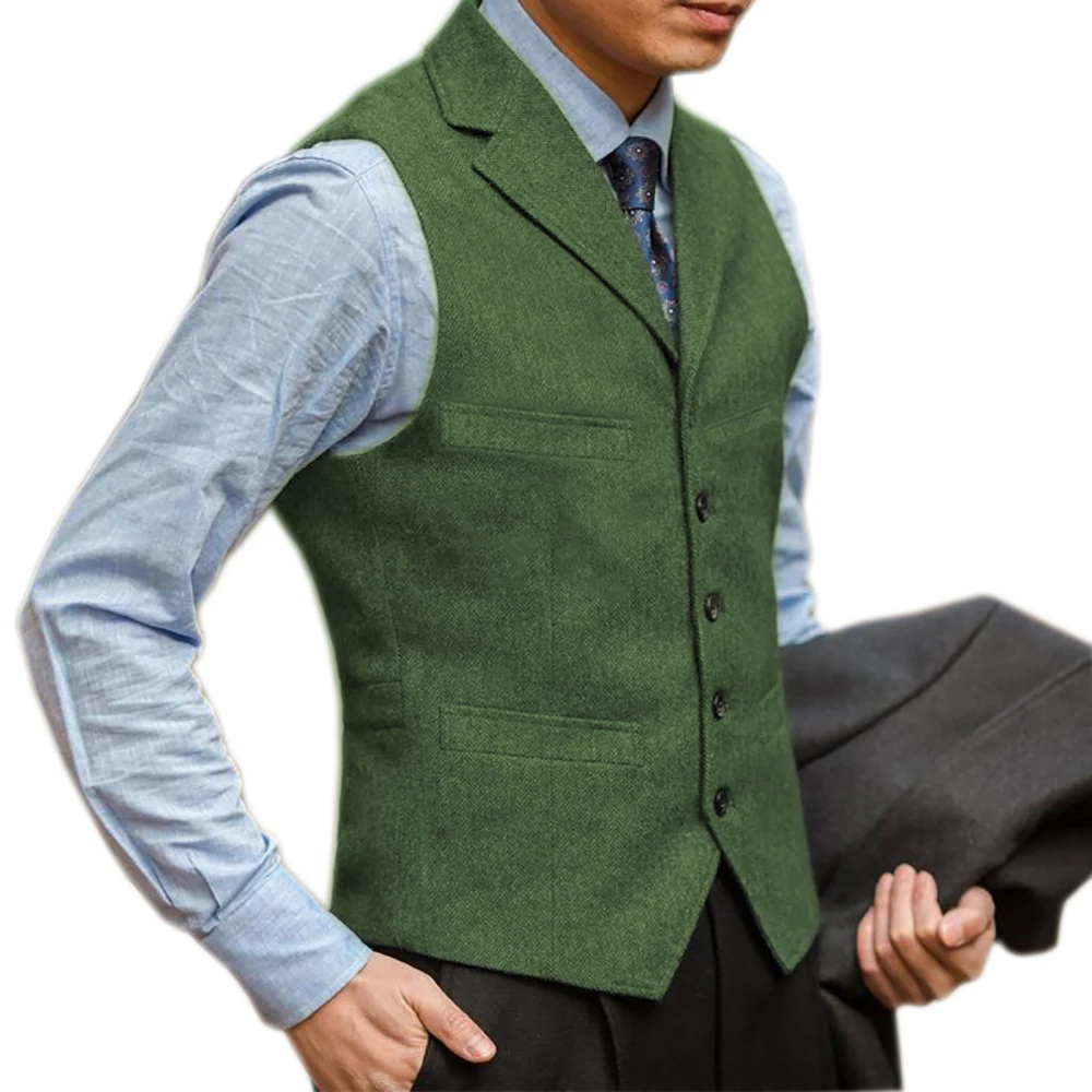 Men's British Herringbone Tweed Suit Vest Business Formal Dress Waistcoat Notch Lapel Sleeveless Casual Vest