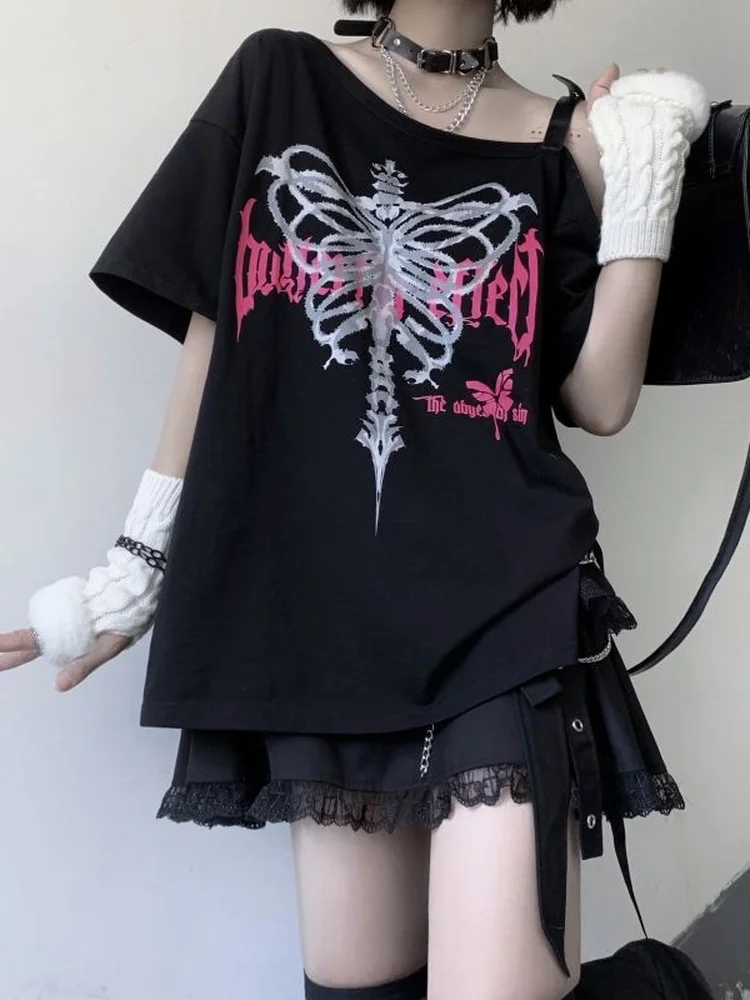 ꒰ঌダークコア　バック十字架カットソー　マリアT grunge Y2K໒꒱ ︎ Y2k Aesthetic Black T Shirt Women Harajuku Off Shoulder