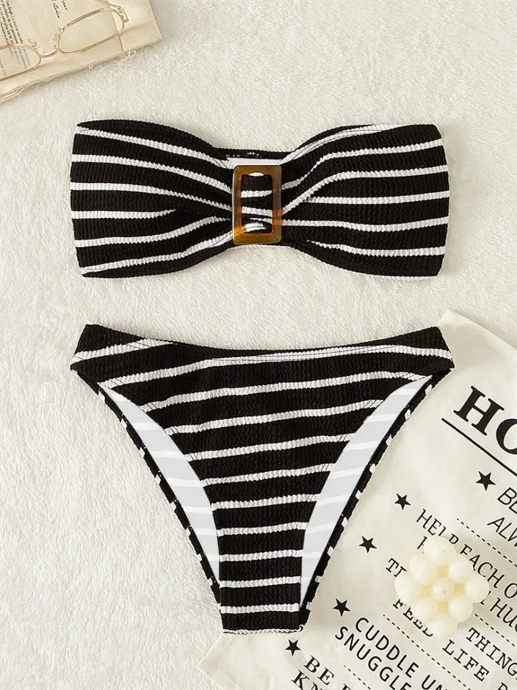 

2024 Striped Wrinkled Bikini Women Bandeau Bikinis Woman Swimwear Female Swimsuit Two pieces Bikini set Bather Bathing suit Swim