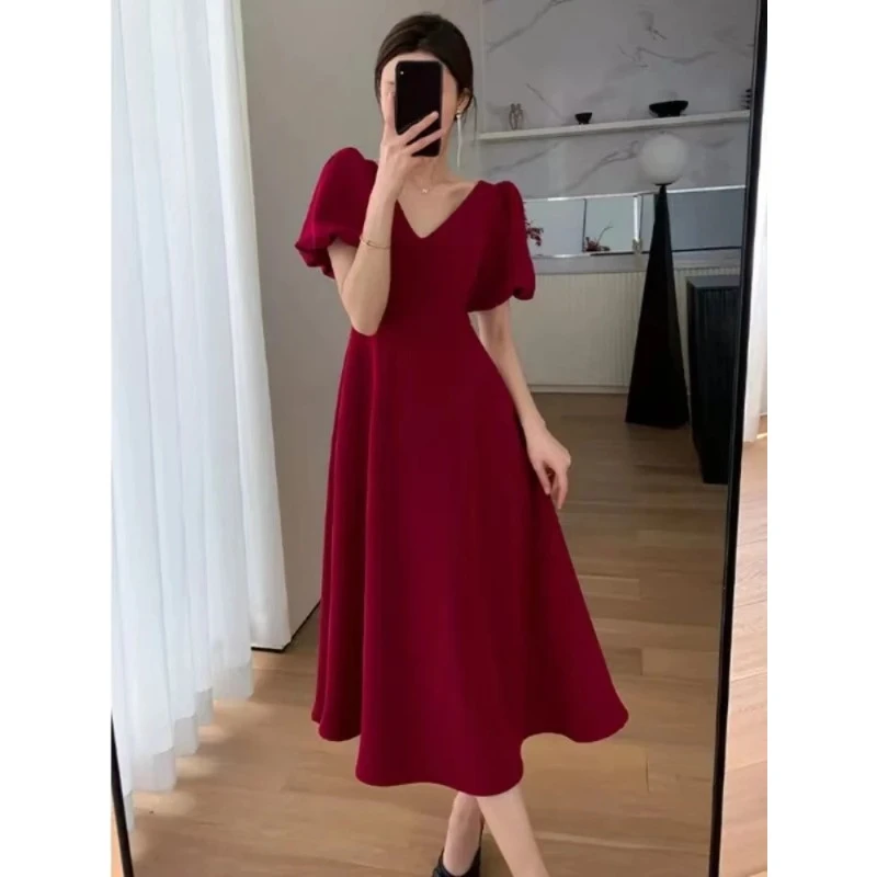 

Dresses Summer V-neck Bubble Sleeve High Waist Solid Color Long Dresses For Women Fashion Elegance Black Dress Women Clothing